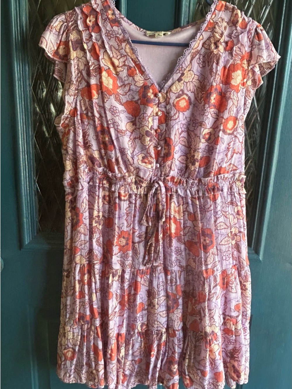 Women's Lavender Floral Midi Dress with Drawstring Waist